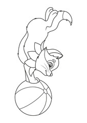 Cat acrobat on the ball coloring page, cartoon vector illustration