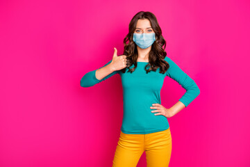 Portrait of her she nice attractive healthy wavy-haired girl wearing safety gauze mask showing...