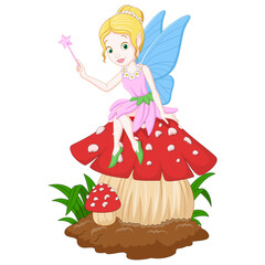 Cartoon fairy sitting on a mushroom 