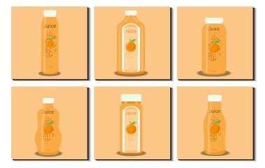 Set of Juice Bottle. Different orange fruit pattern, stripe, icon etc. Flat Design Vector Illustration.