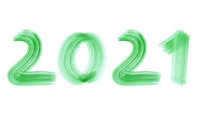 Green watercolor sign 2021 on white background. New Year eve illustration of number 2021 for your design. Hand-drawn print for a calendar.