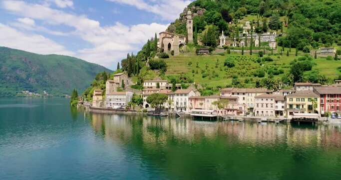 Top view, shot with the drone. Morcote a small Swiss town near Lugano