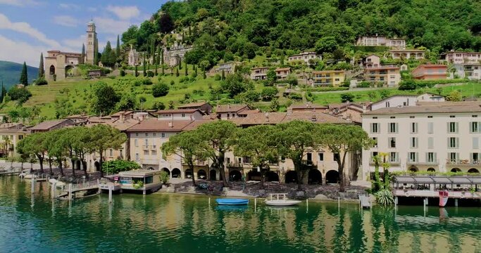 Top view, shot with the drone. Morcote a small Swiss town near Lugano