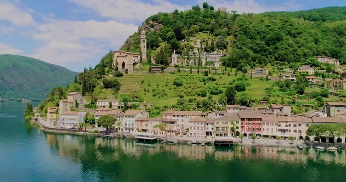 Top view, shot with the drone. Morcote a small Swiss town near Lugano