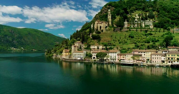 Top view, shot with the drone. Morcote a small Swiss town near Lugano
