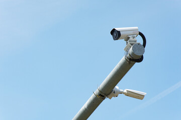 Traffic cameras on metal construction. Traffic cameras isolated.