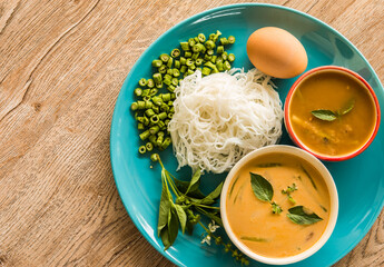 Thai rice noodles with fish curry sauce in plate, in door  Chiangmai  Thailand
