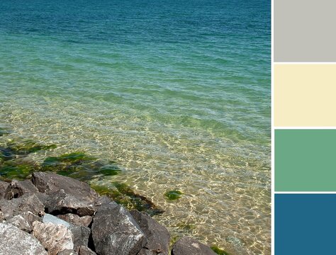 Seascape of clear and transparent turquoises and dark blue sea water. Color palette swatches, combination of colors. The colors of the sea. The colors of summer.