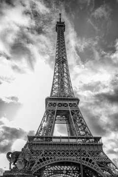 Paris, France, 09/10/2019: Eiffel Tower. Black and white photo. Vertical.