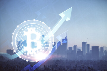 Double exposure of crypto currency theme hologram drawing and city veiw background. Concept of blockchain and bitcoin.