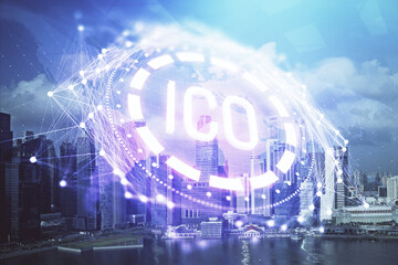 Double exposure of crypto currency theme hologram drawing and city veiw background. Concept of blockchain and bitcoin.