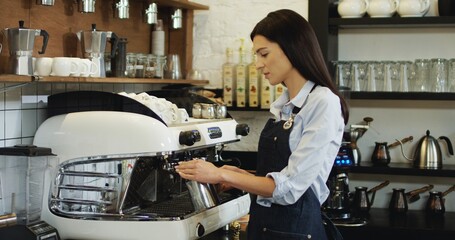 Portrait shot of the good looking brunette waitress making coffee with milk on the coffee machine and smiling to the camera.