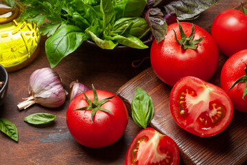 Italian cuisine ingredients. Tomatoes, herbs and spices