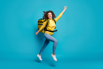 Fototapeta na wymiar Full length body size view of nice attractive cheerful motivated wavy-haired girl jumping carrying package cafe fresh meal isolated over bright vivid shine vibrant blue color background
