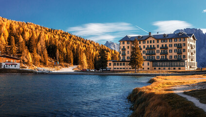 Awesome alpine lake Misurina in summer day. National Park Tre Cime di Lavaredo, Auronzo, Dolomiti Alps, South Tyrol, Italy, Europe. Scenic image of most popular tourist attraction. Nature landscape © jenyateua