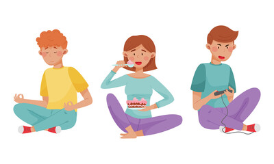 People Characters Reducing Stress by Different Activities like Meditation and Playing Video Games Vector Illustrations Set