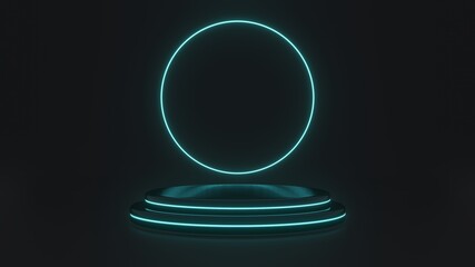 3D-rendering of circle pedestal on a black background. The element include neon light and black stage.