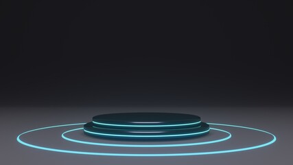 Fototapeta premium 3D-rendering of circle pedestal on a black background. The element include neon light and black stage.