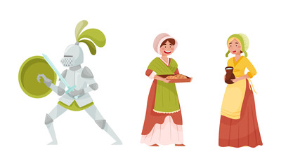 Medieval People with Armored Knight and Peasant Woman Vector Set