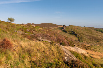 Panoramic view of Gib Torr, The Roaches at sunset in the Peak District National Park.