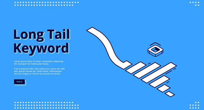 Long tail keyword banner with isometric icons on blue background. Vector landing page of SEO optimization service with line art illustration of analytics graph