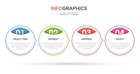 Concept of shopping process with 4 successive steps. Four colorful graphic elements. Timeline design for brochure, presentation, web site. Infographic design layout.