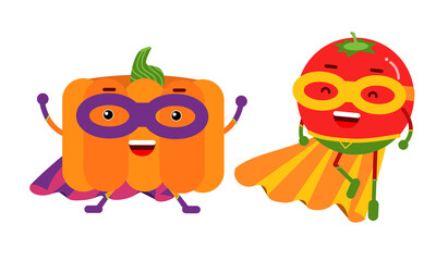 Funny Vegetables Wearing Superhero Cloak Vector Illustration Set