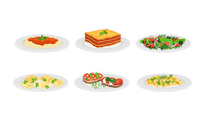 Italian Dishes with Pasta and Bruschetta Served on Plates Side View Vector Set