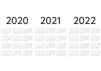 2020年から2022年の日曜始まり3年カレンダー