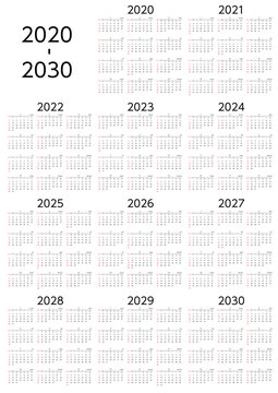 2020年から2030年の日曜始まり10年カレンダー