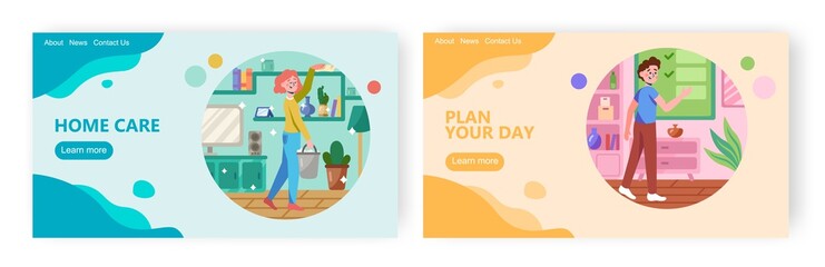Woman clean home and remove dust. Man check todo list. Concept illustration. Vector web site design template