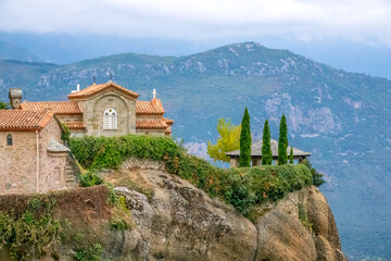 Greek Meteora and a Gazebo on the Top of the Hill in the Evening