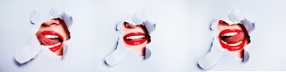 Collage of Smile of a beautiful girl, with red lips through torn paper. Fashion,make-up, cosmetics...