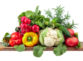 Various fresh raw vegetables isolated on white background.
