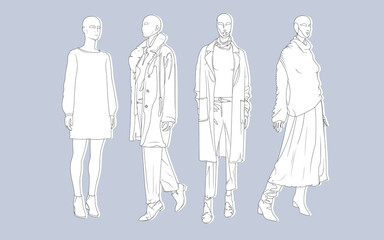 outlines of silhouettes of people in different clothes, concept flat style