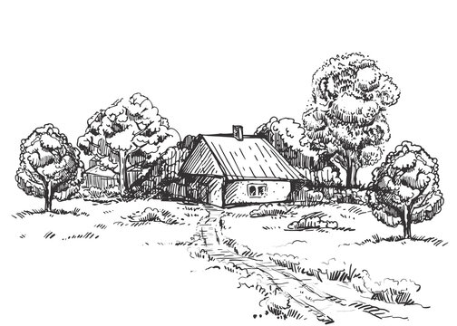 Detailed hand drawn ink black and white illustration of farm house, tree. sketch. Vector.