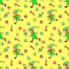 Seamless pattern with Christmas elfes, candy cane, sweets, tree balls. New year Xmas backgrounds and textures. For greeting cards, wrapping paper, packaging, textile, fabric, prints