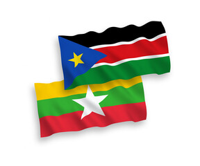 Obraz premium Flags of Republic of South Sudan and Myanmar on a white background