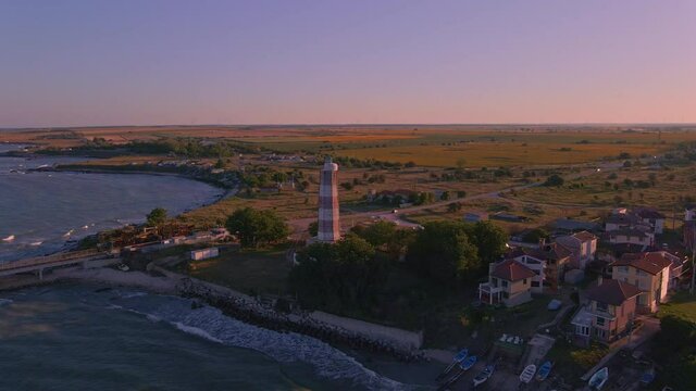 A static and cinematic aerial footage of an old lighthouse, the oldest lighthouse in Bulgaria