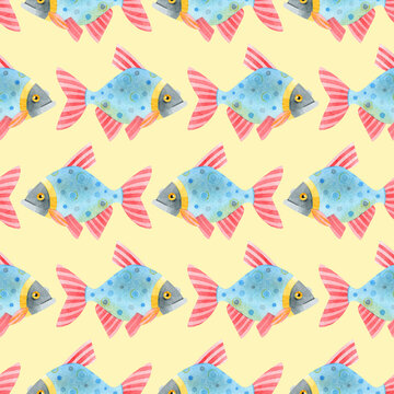 Watercolor seamless pattern of fish. Cute funny carp fish (karps, crucians). Hand drawn texture of an ornament on a yellow background. Ideal for textiles, packaging, wallpaper, websites, cards.