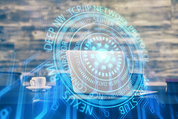 Fototapeta premium Double exposure of desktop with computer on background and tech theme drawing. Concept of big data.