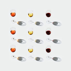 Set of wine in glasses. Red, rose and white wine, greeting card.