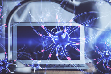 Desktop computer background and neuron drawing. Double exposure. Education concept.