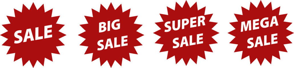 Sale. Banner, discount announcement: big, super, mega sale. Set of icons in the shape of a star in red. Vector illustration.