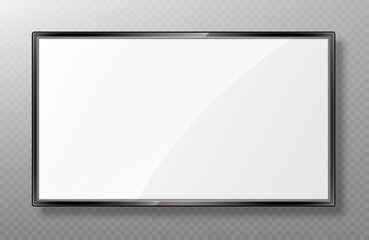 Realistic TV screen mockup. Modern lcd panel isolated on transparent background. Led monitor display. Blank television template. Vector realistic illustration