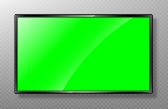 Realistic modern TV screen mockup. Lcd panel with green screen isolated on transparent background. Led monitor display. Blank television template. Vector realistic illustration