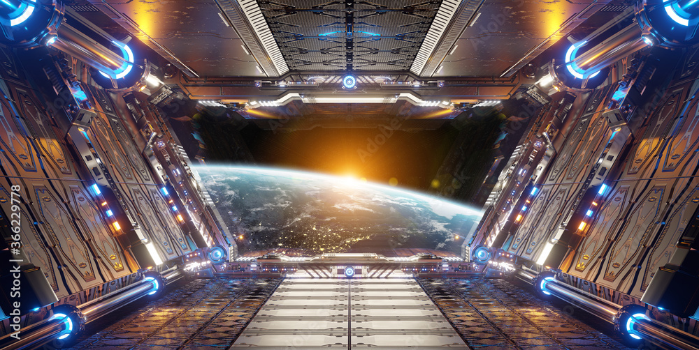 Aufkleber orange and blue futuristic spaceship interior with window view on planet earth 3d rendering