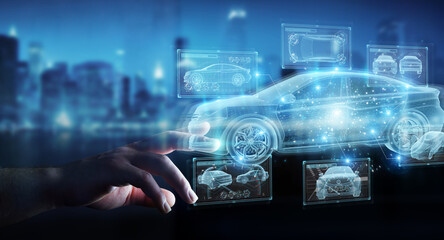 Man hand holding and touching holographic smart car interface projection 3D rendering