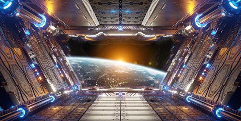 Orange and blue futuristic spaceship interior with window view on planet Earth 3d rendering © sdecoret