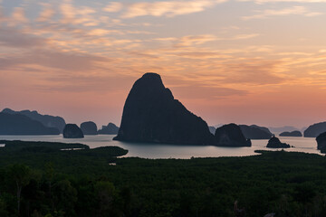 Beautiful Phang Nga Bay with sunrise at Sametnangshe View Point of Phang Nga Province in South of...